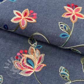 Baumwollstoff JEANS EMBROIDERY Meadow border indigo