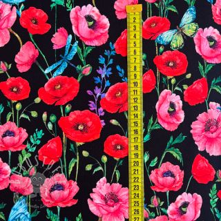 Sweatstoff Poppy flowers black digital print