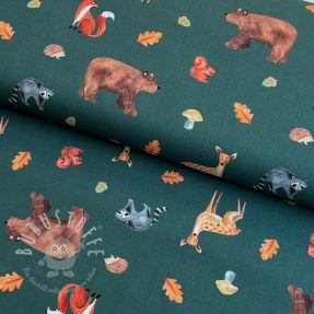 Baumwollstoff Animals in the wood dark green digital print