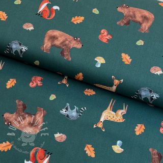 Baumwollstoff Animals in the wood dark green digital print